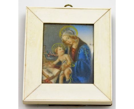 A late 19thC portrait miniature depicting mother and child, in a square panelled piano ivory easel frame, 6.5cm x 7.5cm.
