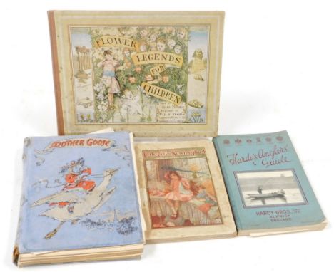 A small group of books, to include The Hardy's Angler's Guide, The Little Girl's Sewing Book, Mother Goose and Flowers Legend