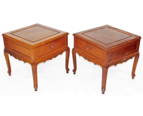 A pair of Chinese hardwood side tables, each with square top above single drawer with leaf scroll handle and cabriole legs, 5