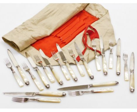 A silver and mother of pearl handled ten piece knife and fork set, the knife ends and blades being silver, maker MB, London a