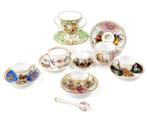 Cabinet cups and saucers, to include five Dresden cups and saucers, one Meissen and a Derby green and floral encrusted loving