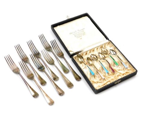 A group of cutlery, to include a set of six enamel teaspoons, each stamped 925 SR, in varying colours, in a Heruff Hanson box