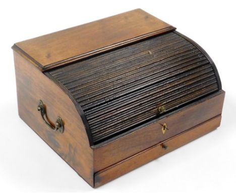 A 19thC mahogany tambour top writing box, with inkwell sections, with single pull out drawer, 17cm high, 31cm wide, 27cm deep