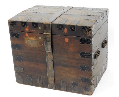 A pitch pine and metal bound travel trunk, bearing brass plaque for R Allfrey Esq, possibly mid to late 19thC, 63cm high, 76c