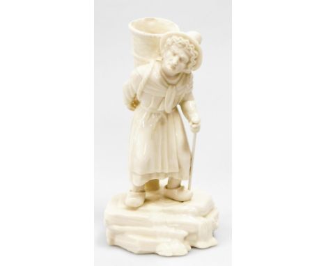 A Belleek first period black mark spill vase, depicting a Belgian Hawkes female figure, c1880, 17cm high. 