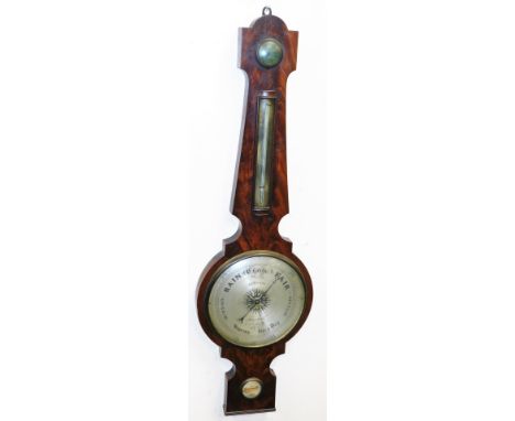A Victorian flamed mahogany wheel barometer, with hygrometer, thermometer, 25cm dial, marked R.C.Woods, 47 Hatton Gardens, Lo