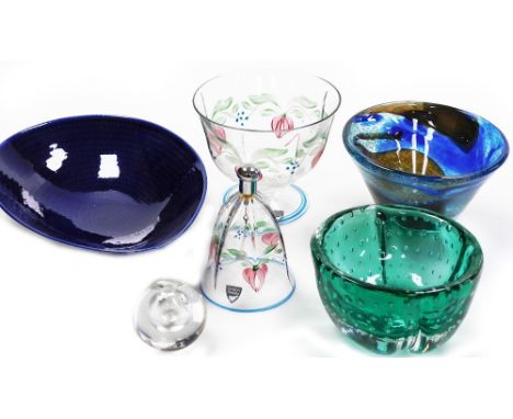 A group of art glass, to include an Orrefors of Sweden decorative glass bowl and matching bell, a Rorstrand blue fire dish, 2