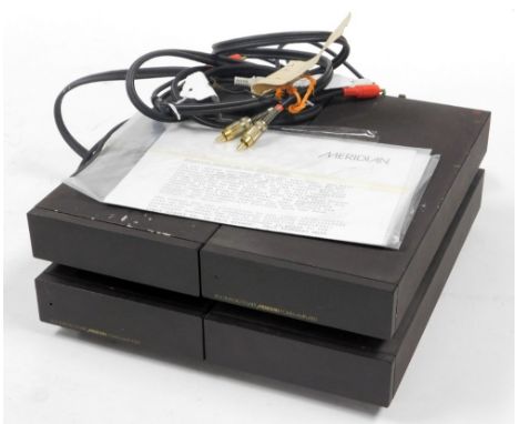 Two Meridian Boothroyd Stuart Power amplifiers, with various cables and Meridian 105 amplifier guide.