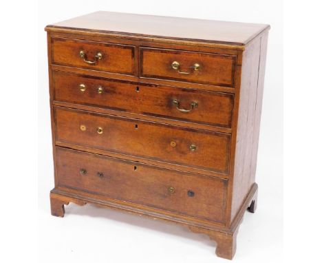 A George III cross banded oak chest, of two short and three long drawers, on bracket feet, 97cm high, 92cm wide, 50cm deep. (