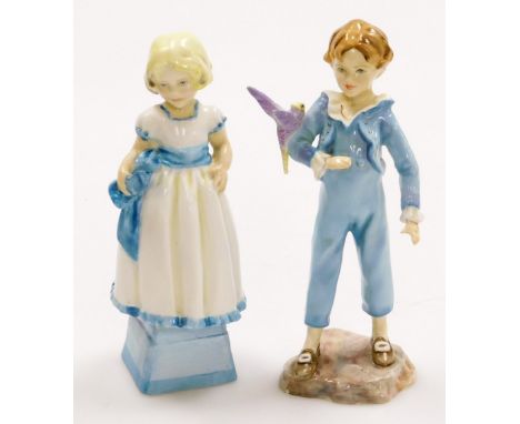 Two Royal Worcester figures, to include Monday's Child Is Fair Of Face, 17cm high, and a Parakeet, 18cm high. (2) 