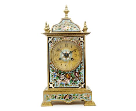 A late 19th to early 20th Century champleve enamelled mantle clock, the eight day movement striking on a bell signed Vincenti