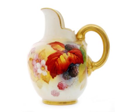 A small Royal Worcester flatback shape 1094 jug decorated by Kitty Blake with hand painted autumnal fruit and berries, signed