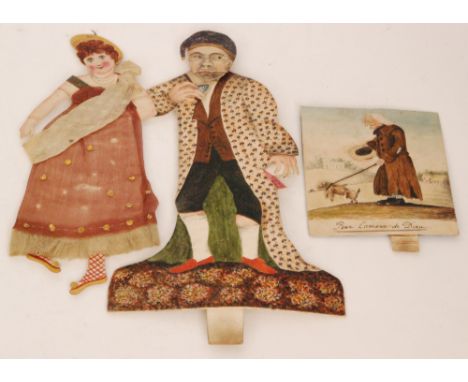 A 19th Century mechanical painted card toy of a character wearing a night cap and holding a cup and flask titled 'Black Draug