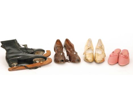 A pair of 1920s/1930s 'Flapper' vintage gold leather pointed shoes together with a pair of 1940s Lotus peep-toe shoes, a pair