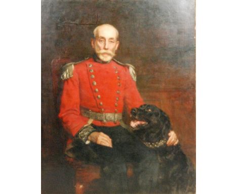 HUGH GOLDWIN RIVIERE (1869-1956) - Portrait of an army officer wearing scarlet dress tunic, his labrador beside him, oil on c
