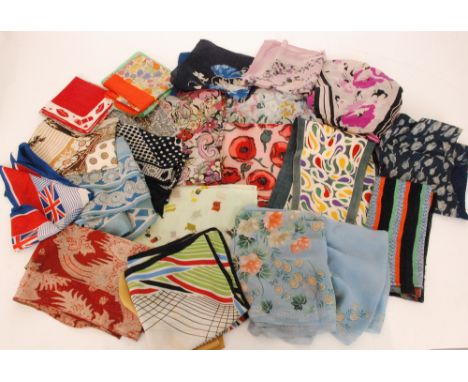 A collection of assorted 1920s to 1950s lady's vintage silk, rayon and cotton scarves, most with printed floral or abstract p