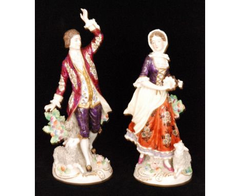 A pair of continental figures modelled as a lady playing the tambourine and her beau with his hand aloft and dressed in a pat