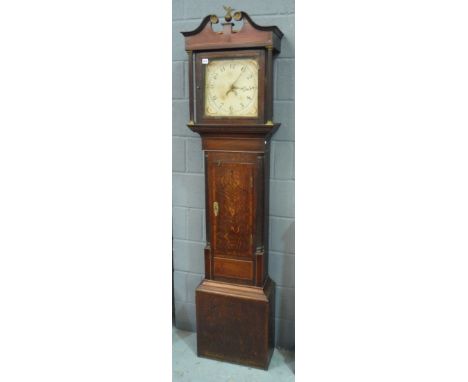 A 19th Century oak and mahogany cross-banded longcase clock with thirty hour movement, the 12 inch painted dial with date ape