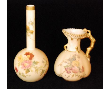 Two pieces of early 20th Century Royal Worcester blush ivory comprising a shape 1507 jug and a shape 1215 vase, both decorate