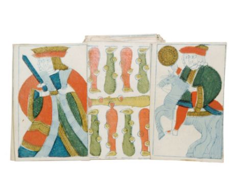 Fifty one early 19th Century Spanish playing cards, printed in blue with later hand coloured decoration, Naypes Madrid 1801 (