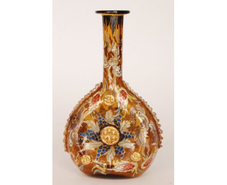 A 1930s Spanish glass decanter by Royo glass of compressed globe and shaft form with a pinched centre with applied gilt prunt