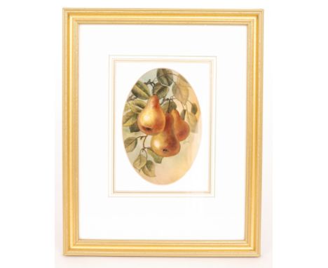 A framed bone china porcelain plaque decorated by former Royal Worcester artist James Skerrett with hand painted pears and fo