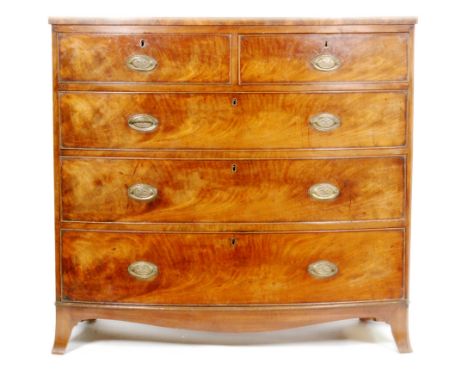 A Georgian mahogany bow fronted chest of two short over three long drawers, on bracket feet, width 106cm, S/D.