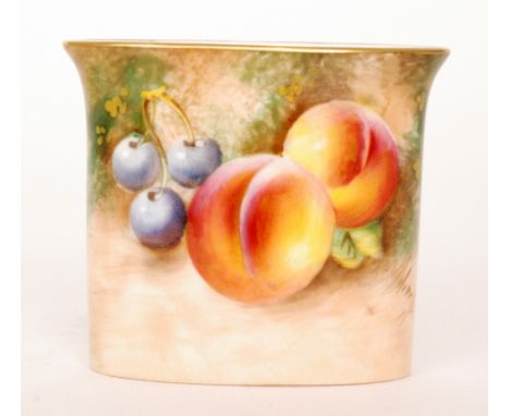 A Royal Worcester Fallen Fruits posy vase decorated by Roberts with hand painted peaches and cherries, the reverse with two c