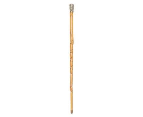 An early 20th Century Chinese silver and bamboo walking cane, the silver top decorated with dragons chasing a flaming pearl, 