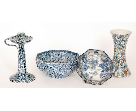 Four pieces of early 20th Century blue and white transfer printed wares designed by Frederick Rhead comprising a Bursley Ware