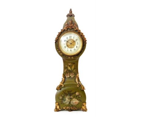 An Edwardian gilt metal mounted and floral painted miniature longcase clock with Arabic numeral dial, height 30cm