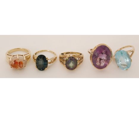 Five various 9ct gem set dress rings to include matrix opal, iolite, amethyst, tourmaline and zircon mostly ring size N (5)