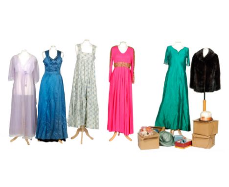 A collection of assorted vintage clothing and accessories to include a blue satin evening gown, a 1980s Cresta cocktail dress
