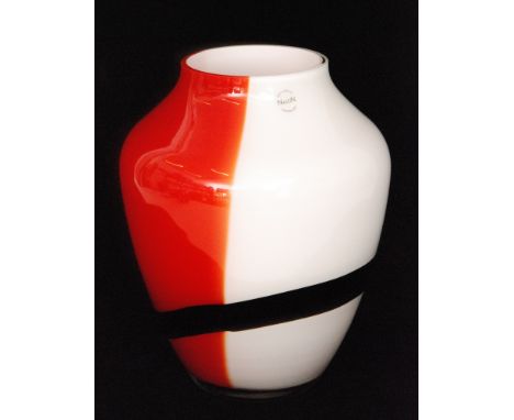 A contemporary Italian Murano glass vase of shouldered ovoid form decorated with an abstract black band over the opal and rub