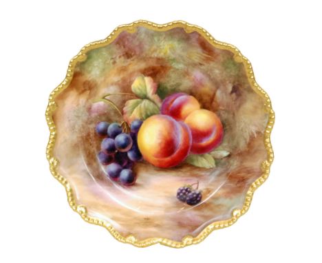 A Royal Worcester Fallen Fruits cabinet plate decorated by H Price with hand painted peaches, grapes and blackberries, signed