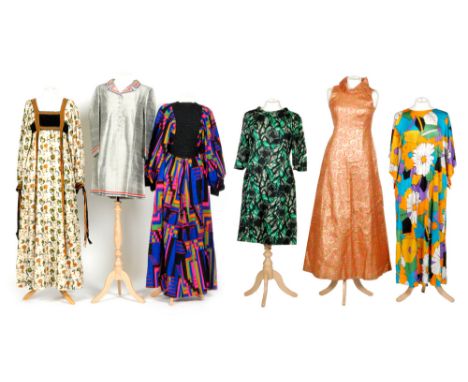 Six assorted 1960s/1970s lady's vintage dresses comprising an Annie Gough at Gemini maxi dress in a floral fabric with ribbon