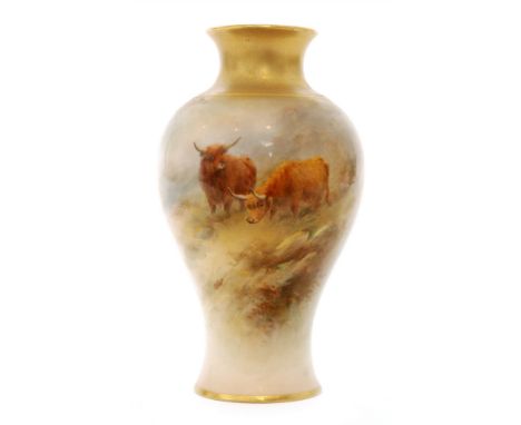 An early 20th Century Royal Worcester shape 2471 vase panel decorated by Harry Stinton with two hand painted Highland cattle 