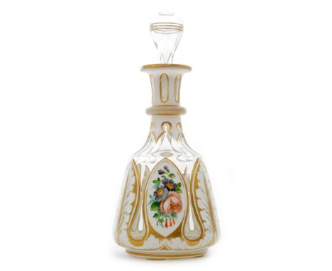 A late 19th Bohemian Century glass scent bottle in the manner of Moser of tapering form to a slender collar neck and flared r