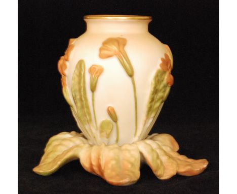 An early 20th Century Royal Worcester posy vase, shape 1057 decorated with relief moulded flowers and foliage to the body, th