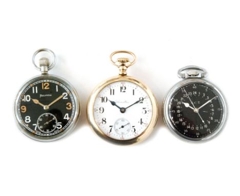 A Helvetia military issue chrome open faced pocket watch with a similar Hamilton example a further Hamilton open faced pocket