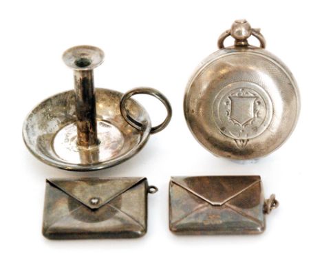 Four early 20th Century hallmarked silver items comprising a single sovereign case, two silver stamp envelopes and a miniatur