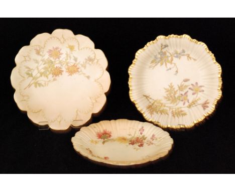 Three late 19th Century Royal Worcester blush ivory cabinet plates comprising two shape 1416 and one shape 1349, each decorat