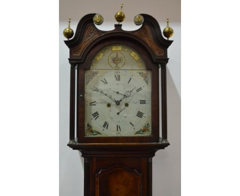 A 19th Century mahogany longcase clock with eight day movement, the painted broken arch dial with subsidiary seconds and date