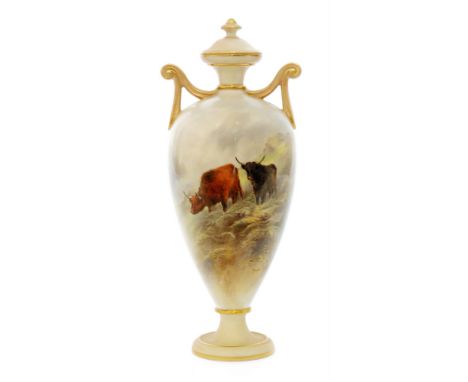 An early 20th Century Royal Worcester twin handled pedestal vase and cover, shape G962, decorated by John Stinton with hand p