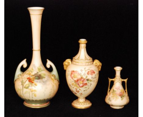 Three Royal Worcester blush ivory vases of varying form comprising a shape 1761 decorated with meadow flowers, the second sha