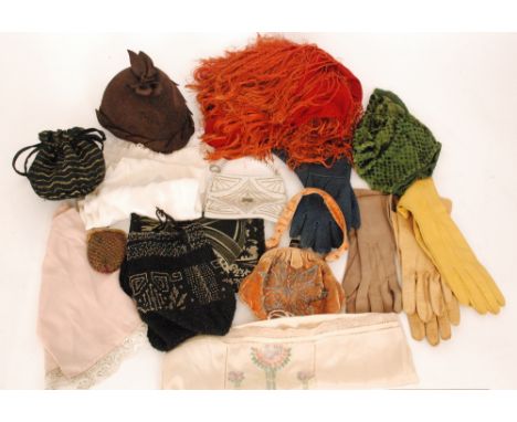 A collection of assorted 1920s and 1930s lady's vintage accessories to include a red piano shawl, a brown felt hat, various l
