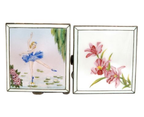 A 1950s hallmarked silver and enamel square powder compact, the cover depicting a ballerina in a blue tutu dancing on lily pa