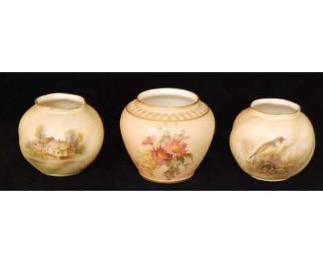 Three Royal Worcester blush ivory cache pots comprising two Graingers shape 161 of ovoid form, the first decorated with a han