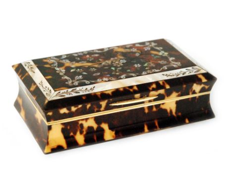 A 19th Century tortoiseshell snuff box, the hinged cover inlaid with a spray of flowers within a mother of pearl scroll borde