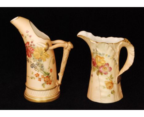 Two Royal Worcester blush ivory jugs, the first shape 1116 decorated with flowers and having a tree root handle, green printe